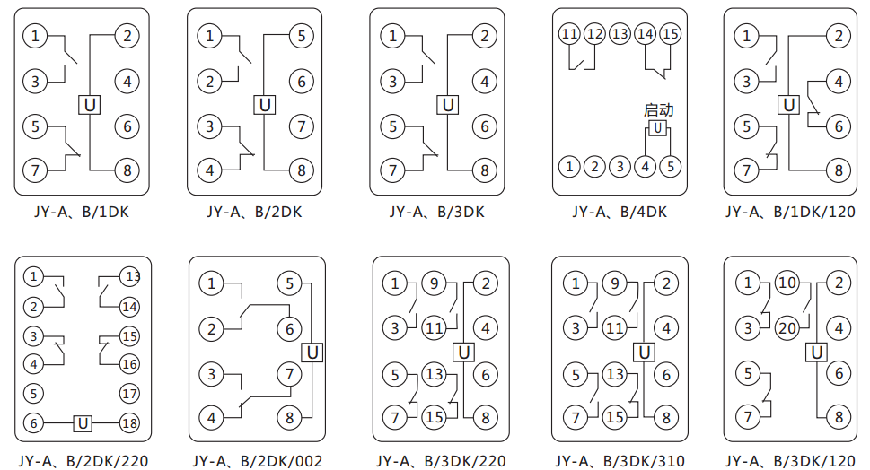 JY-B/2DK/220無(wú)輔源電壓繼電器內(nèi)部接線圖及外引接線圖（正視圖） 