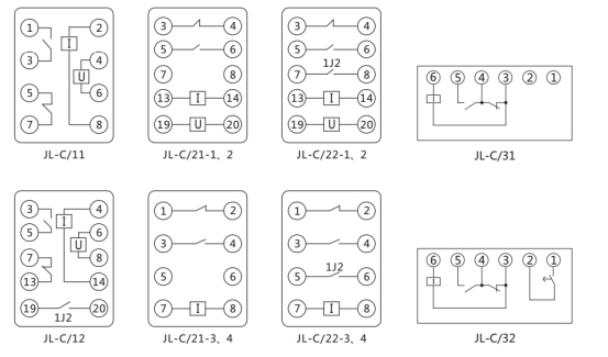 JL-C/21-3、4反時(shí)限電流繼電器內(nèi)部接線及外引接線圖（正視圖）