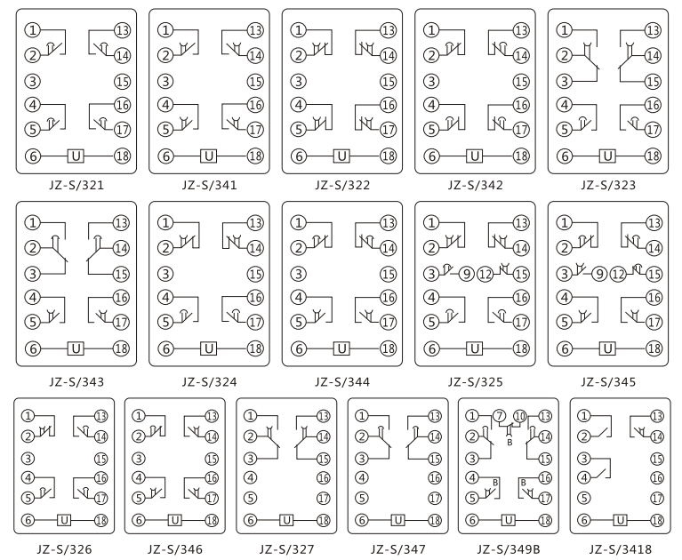 JZ-S/349B靜態(tài)可調(diào)延時(shí)中間繼電器內(nèi)部接線圖及外引接線圖