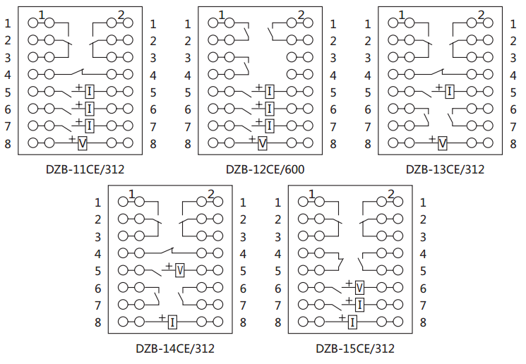 DZE-13CE/312保持中間繼電器內(nèi)部接線圖及外引接線圖